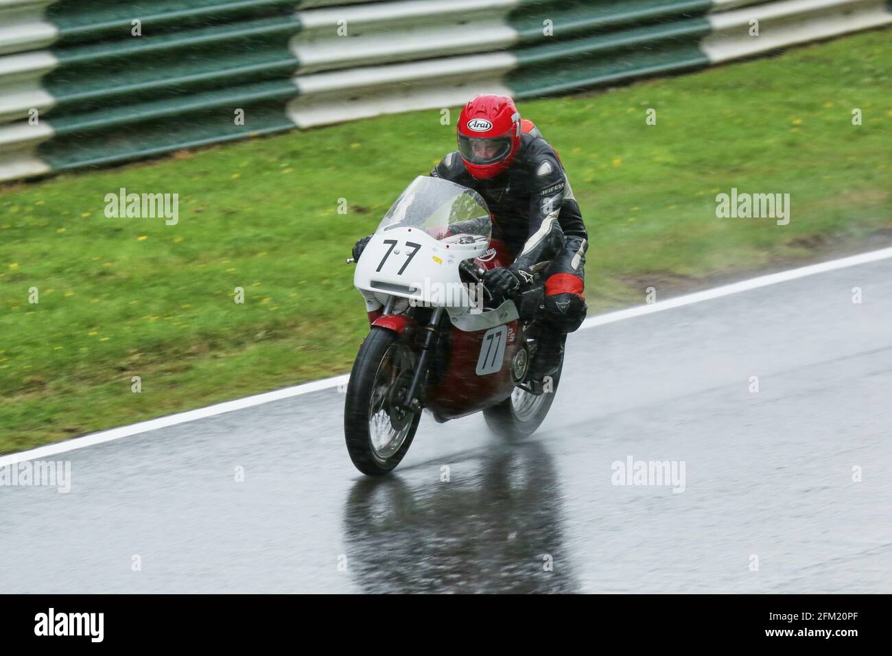 Gary Thwaites gareggiare sotto la pioggia a bordo del 750cc Triumph Trident al Cadwell International Classic nel luglio 2015 Foto Stock