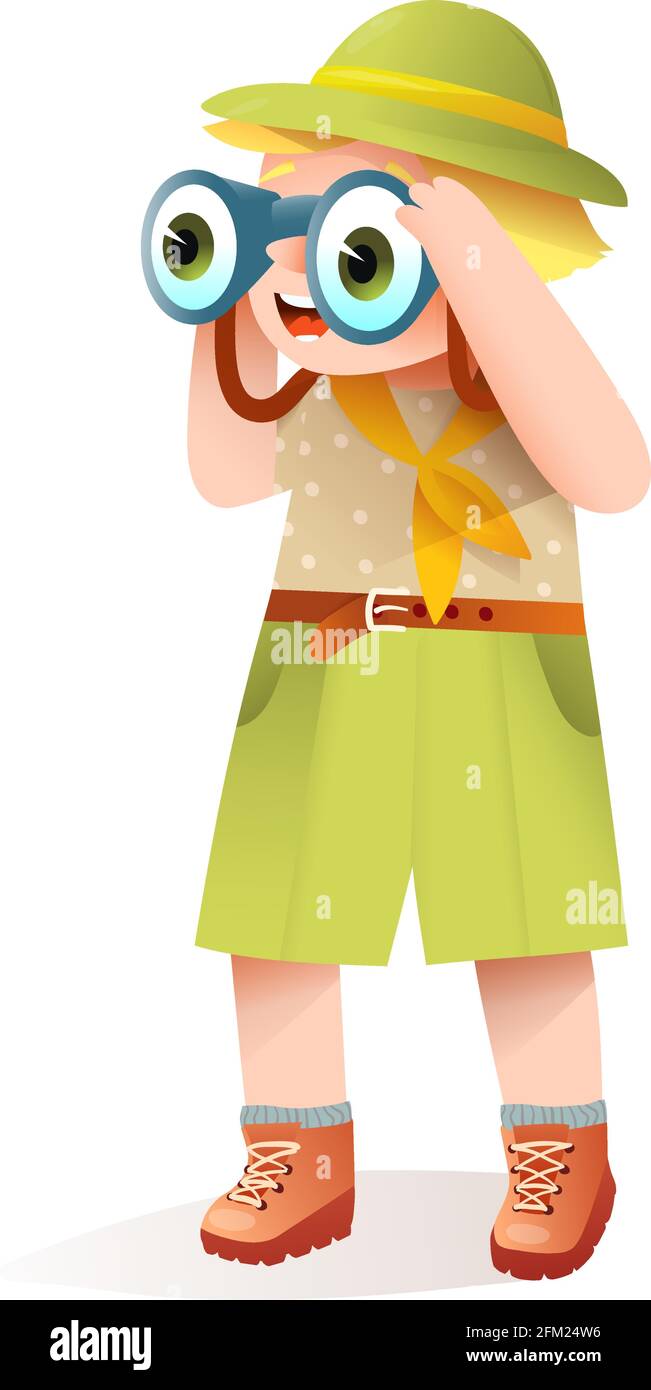 Little Scout Boy con abiti Binoculari e Safari Illustrazione Vettoriale