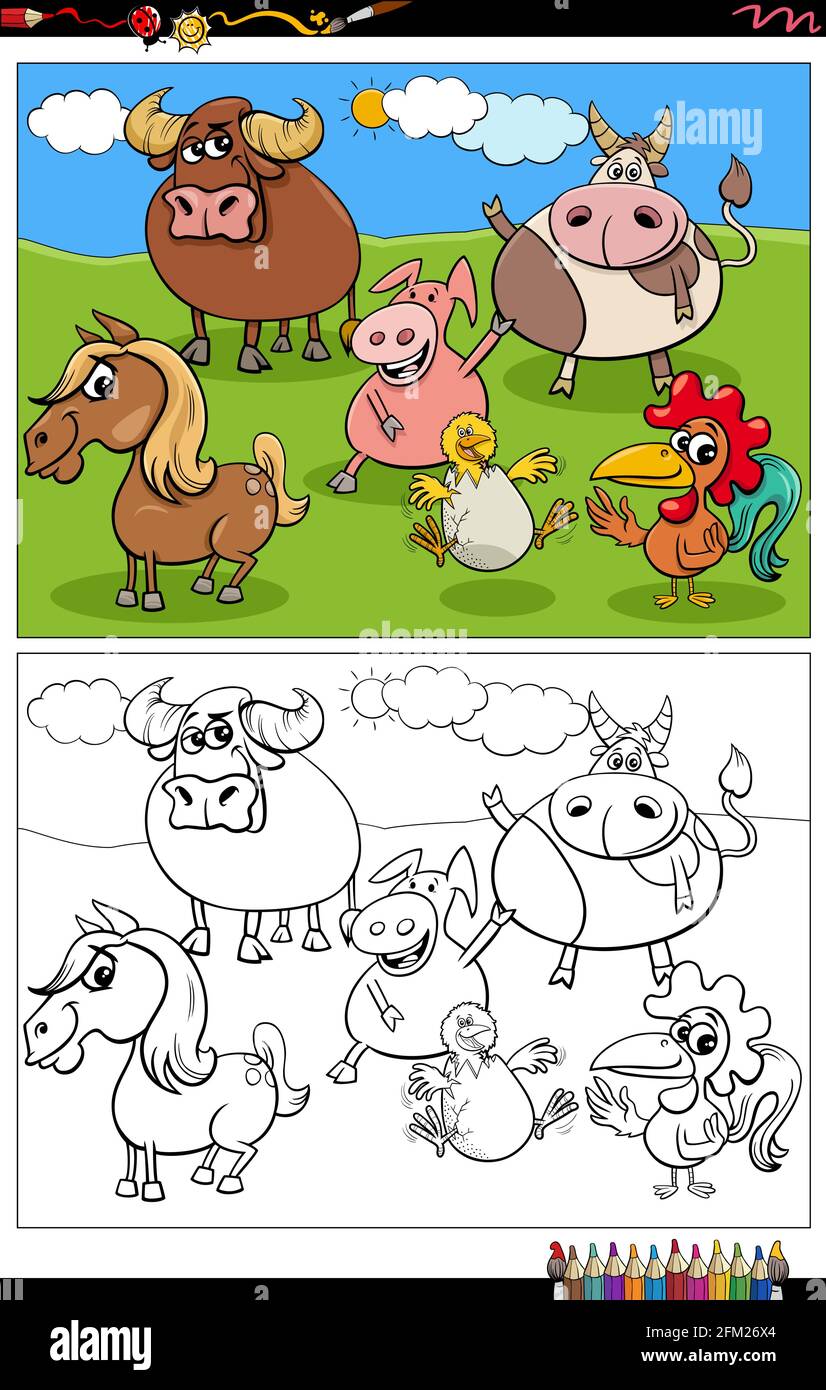 Illustrazione cartoon di divertenti animali fumetti gruppo di personaggi sul pagina del libro di colorazione di pascoli Illustrazione Vettoriale