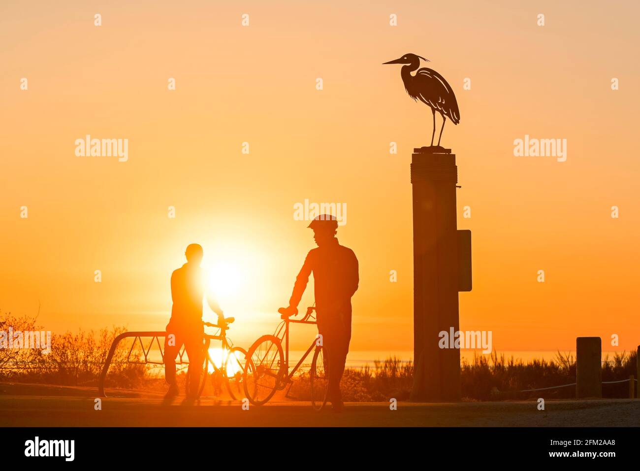 Ciclisti, tramonto, Iona Beach Regional Park, Richmond, British Columbia, Canada Foto Stock