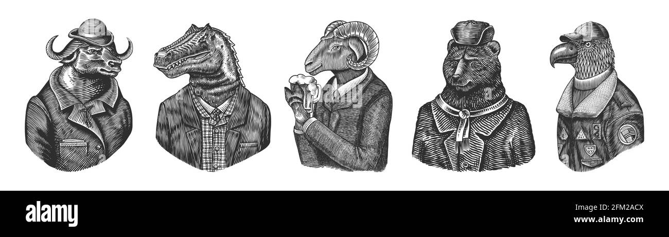 Bufala in cappello. Dinosauro allosaurus tirex Signore quiz. Pecore beve birra. Orso in pelliccia russa cappotto. Pilota dell'aviatore Eagle. Monocromatico inciso Illustrazione Vettoriale