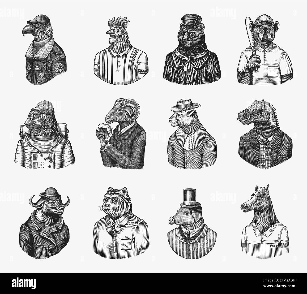 Astronauta di scimmia Gorilla. Pilota di aviatore di aquila Gallo Dinosaur Pig Tiger Bear Sheep Buffalo Bull Horse Cheetah. Cane bulldog baseball giocatore di tennis Illustrazione Vettoriale