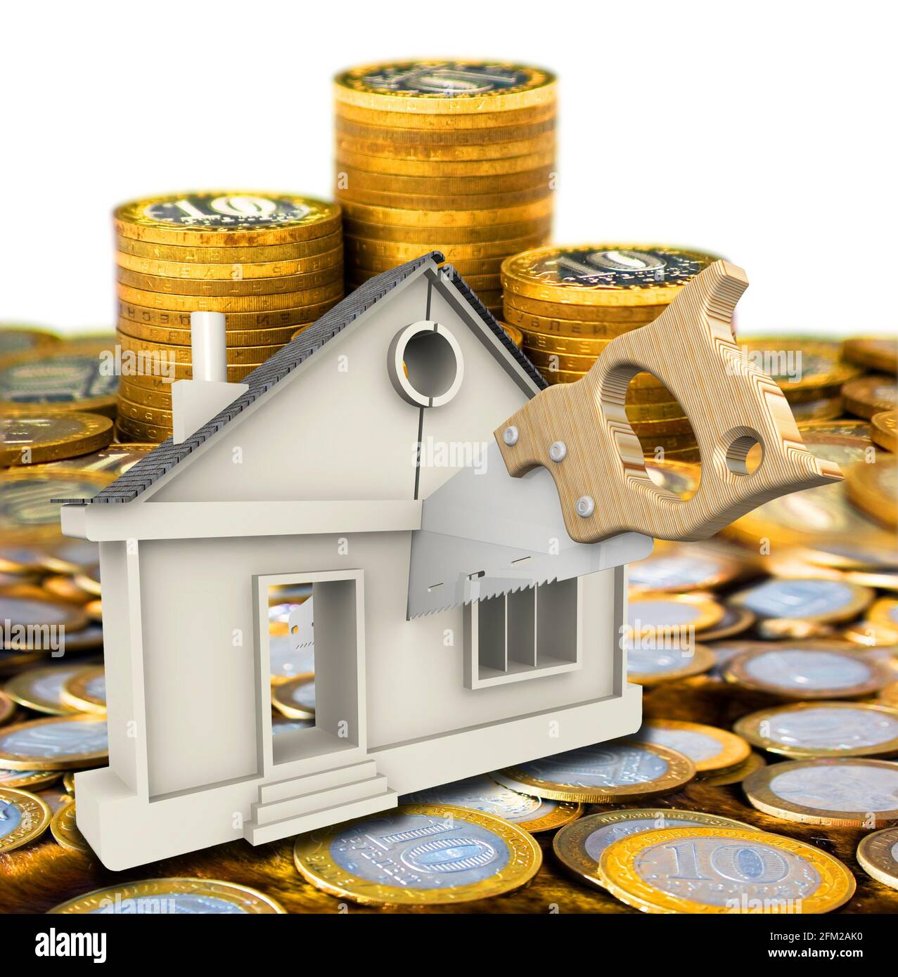 Divisione della proprietà. Simbolo della casa è tagliato con un seghetto sulla superficie di monete russe. Illustrazione 3D Foto Stock