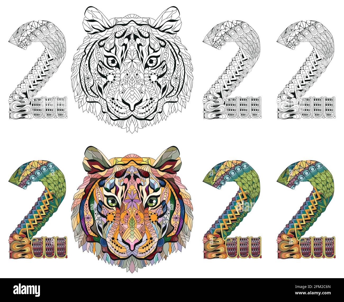 Tigre a zentangle disegnata a mano numero 2022 per colorazione, per maglietta e altre decorazioni Illustrazione Vettoriale