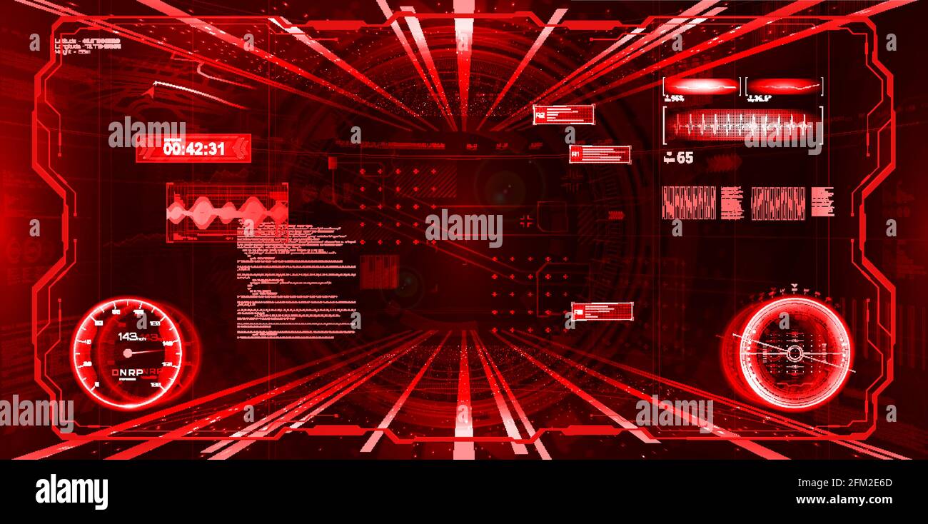 Cockpit VR ROSSO con interfaccia HUD e cyberspazio virtuale. Interfaccia di realtà virtuale per giochi, casco vr, cockpit e altro. Display Sky-fi head-up - Illustrazione Vettoriale