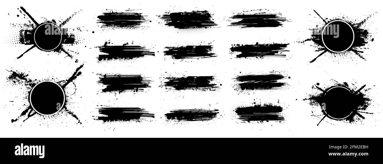 Collezione di pennellate stencil con schizzi. Grunge pennello tratto texture e composizioni d'arte con cornice. Scatola di disegno artistico sporca, inchiostro Illustrazione Vettoriale