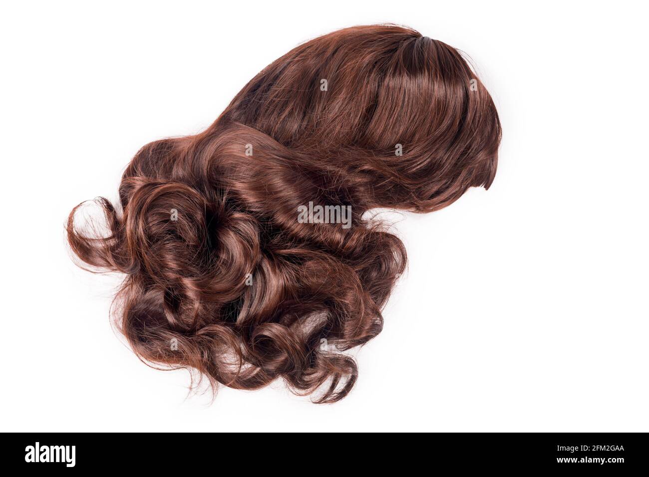 Wig marrone cioccolato femmina isolato su sfondo bianco. Tessere, estensioni e parrucche di capelli umani dorati. Concetto di bellezza della donna. Foto Stock