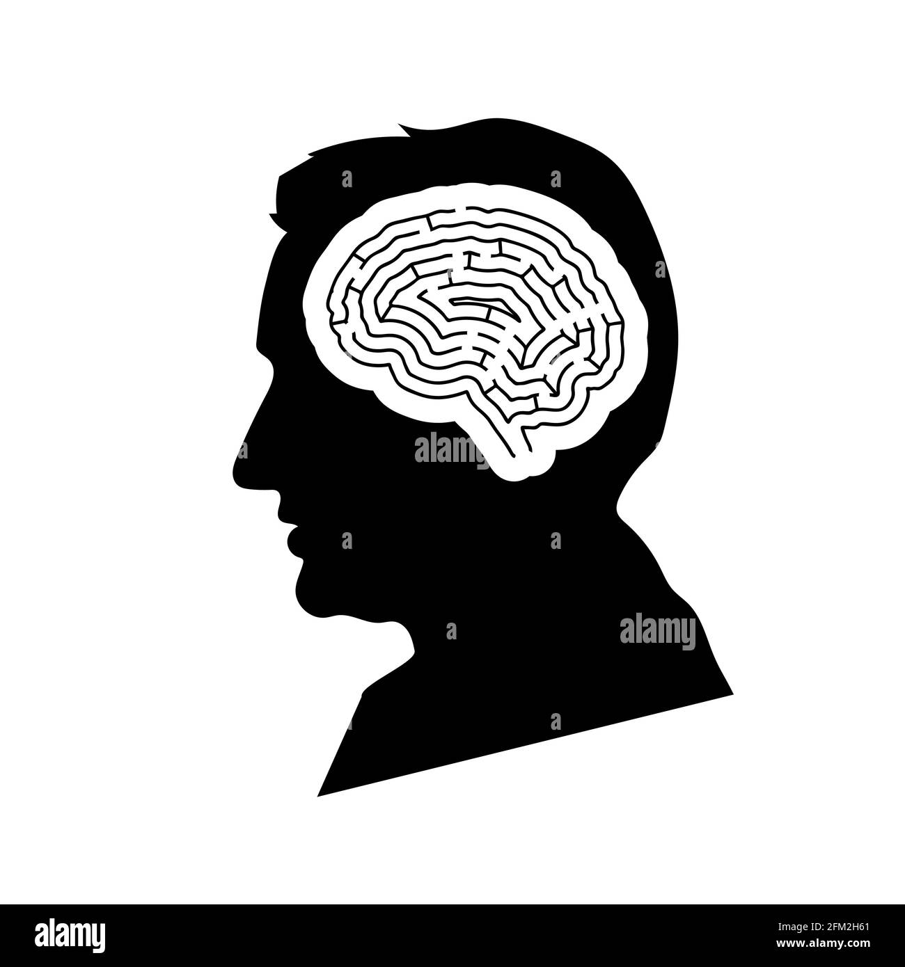 Black dettaglio mans viso profilo con labirinto cervello in testa isolato su bianco Illustrazione Vettoriale