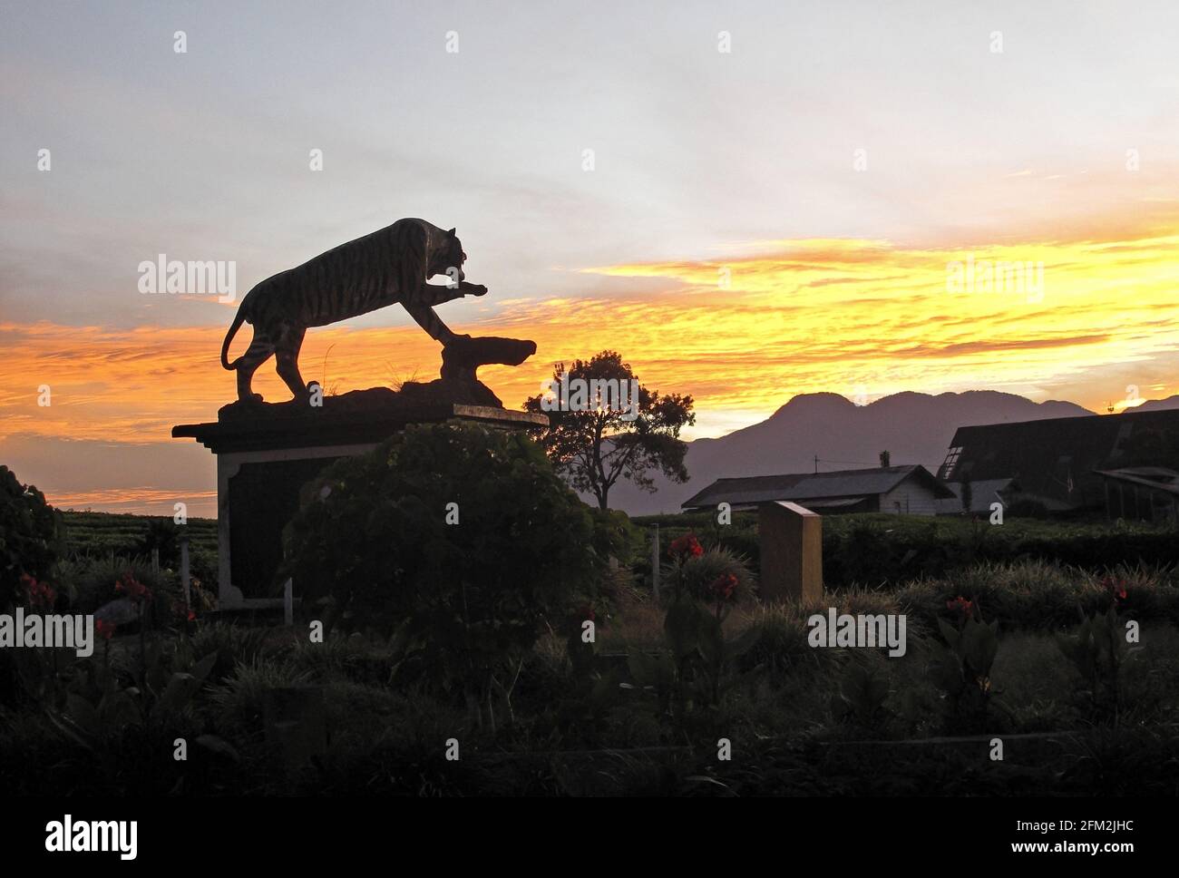Statua della tigre all'ingresso del parco all'alba Kerinci Seblat NP, Sumatra, Indonesia Giugno Foto Stock