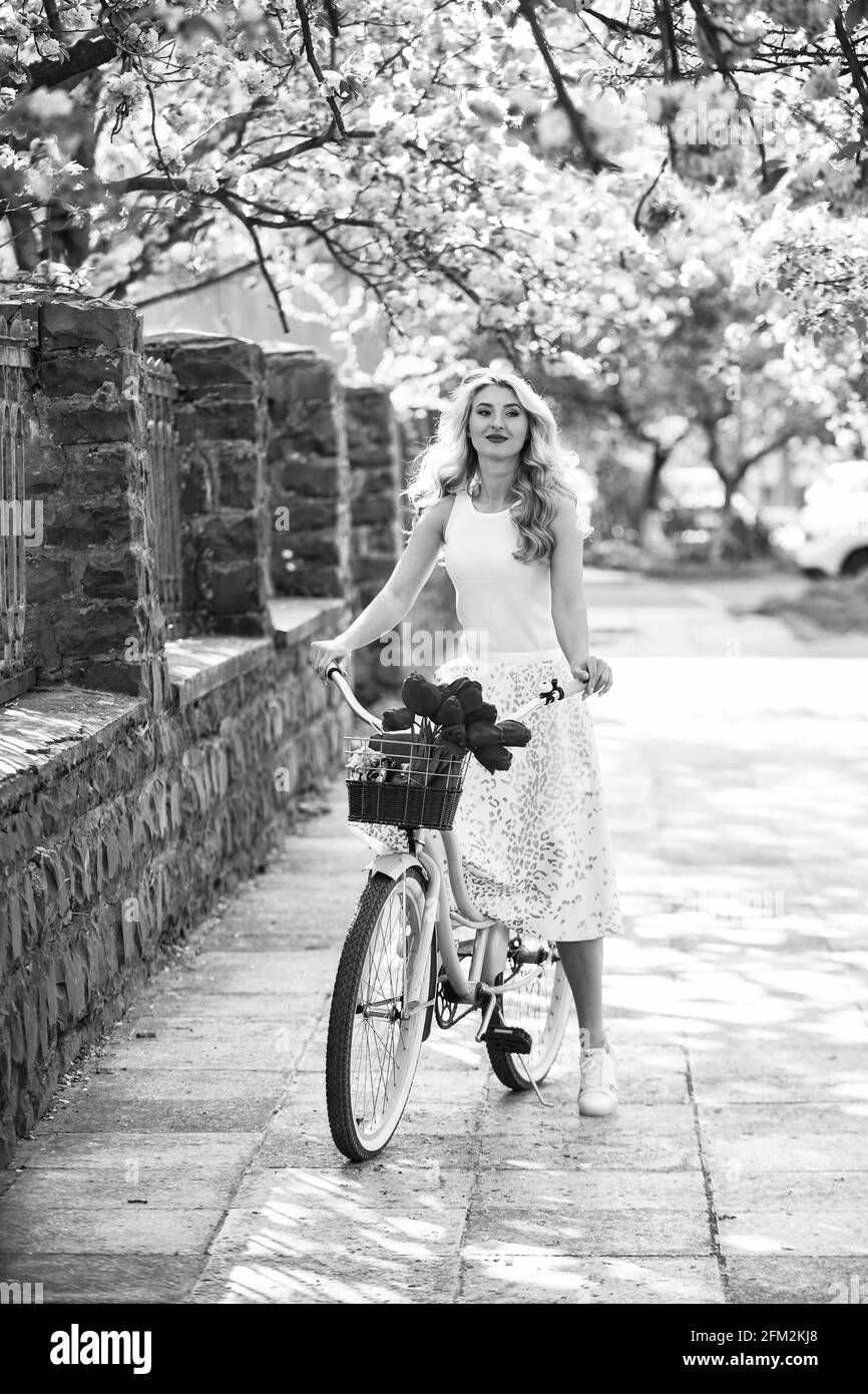 Primavera stile viaggio. Donna retrò vendere tulipano fiore bouquet. Ragazza sotto sakura con bicicletta vintage. Primavera bellezza e moda. Ciliegio rosa Foto Stock