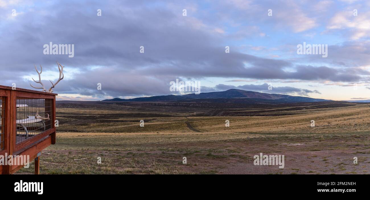 Un patio decorato con corna di cervi sopra vedere aperto campo dell'altopiano del Colorado. Colorado, Stati Uniti. Foto Stock