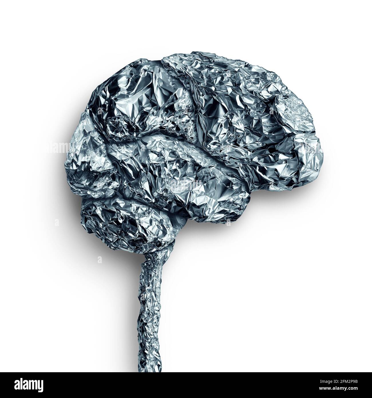 Il concetto di accumulo di metalli cerebrali e il lobo mentale umano come organo pensante fatto di materiale metallico come simbolo di neurologia e neuroscienza. Foto Stock