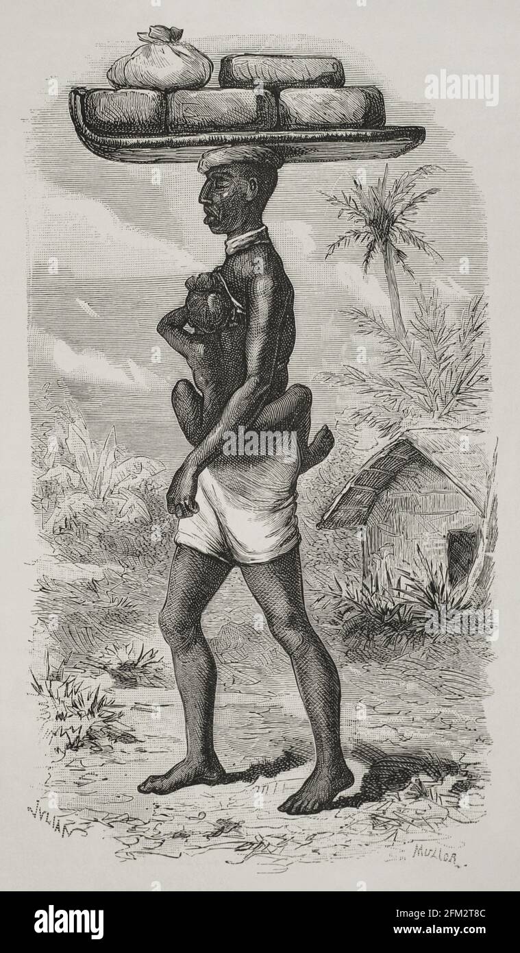 Storia dell'Africa. 19 ° secolo. Il Congo. Indigeni con doppio peso. Incisione di Pedro Mullor Storia dell'Africa. 19 ° secolo. Il Congo. Indigeni con doppio peso. Incisione di Pedro Mullor