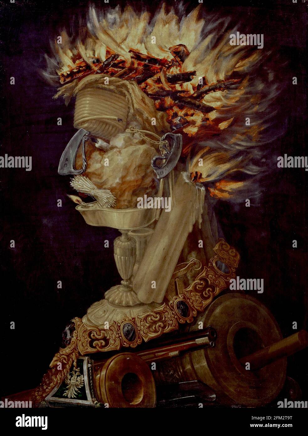 Titolo: Fuoco - quattro elementi Creatore: Giuseppe Arcimboldo Data: 1566 mezzo: Olio su legno dimensioni: 67 x 51 cm posizione: Kunsthistorisches Museum, Vienna Foto Stock