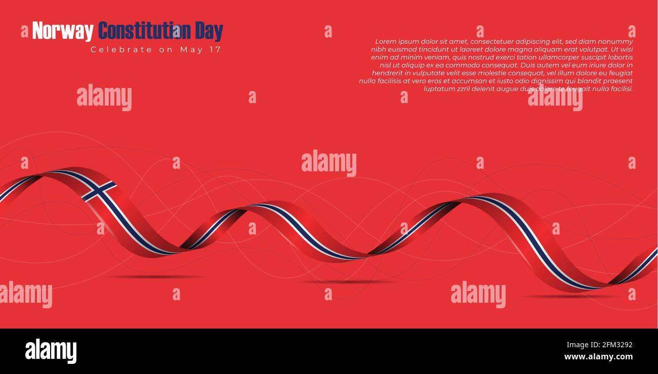 Norvegia costituzione giorno disegno con bandiera di nastro norvegia e sfondo rosso. Buon modello per la Norvegia Nazionale giorno. Illustrazione Vettoriale