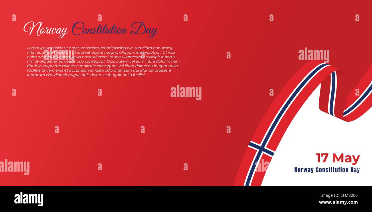 Norvegia costituzione giorno disegno con bandiera di nastro di volo norvegia e sfondo rosso. Buon modello per la Norvegia Nazionale giorno. Illustrazione Vettoriale