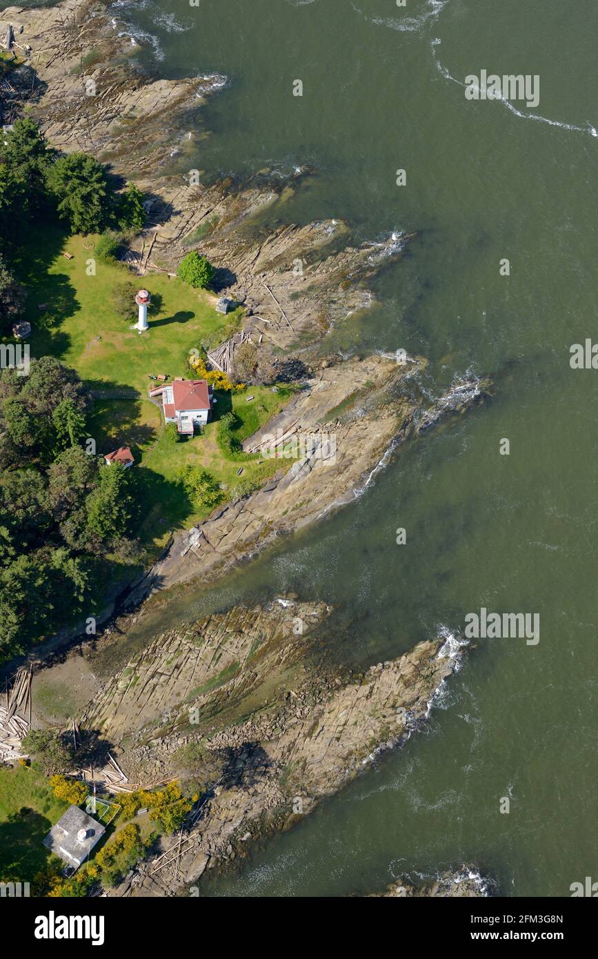 Faro di Georgina Point, Mayne Island, BC. Fotografie aeree delle Isole del Golfo del Sud. British Columbia, Canada. Foto Stock