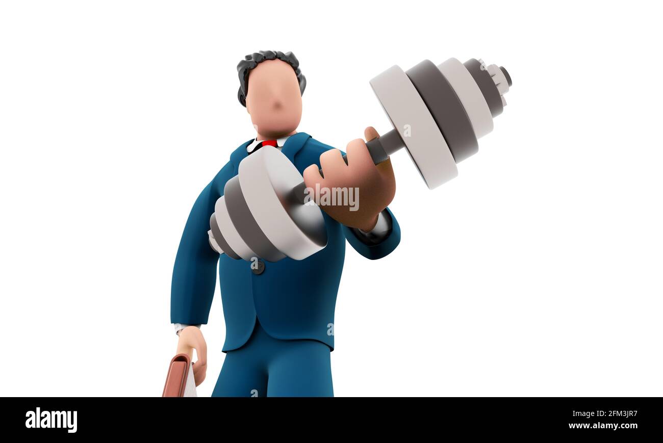 L'uomo dei cartoni animati in tuta ama la forma fisica e ricciola con una mano per esercitare le braccia Foto Stock