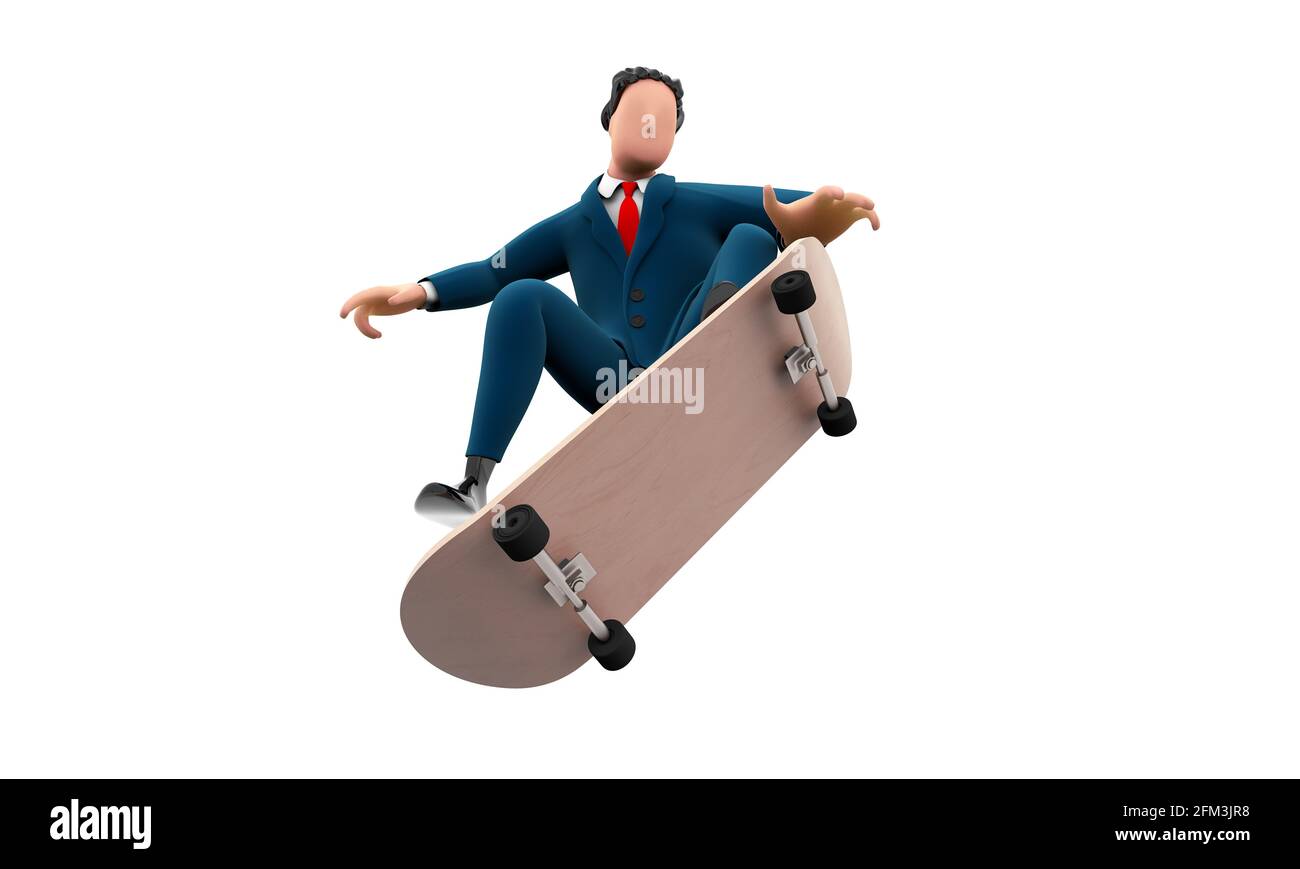 Personaggio cartoni animati in costume che gioca a skateboard sport estremi illustrazione 3D. Foto Stock