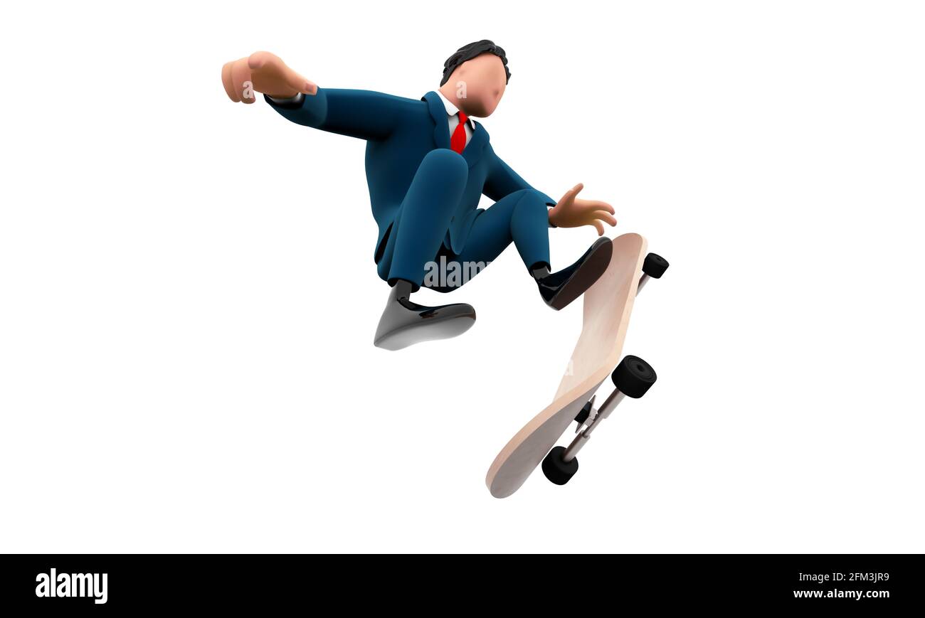 Personaggio cartoni animati in costume che gioca a skateboard sport estremi illustrazione 3D. Foto Stock