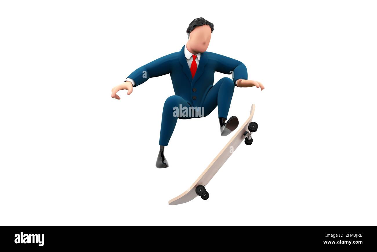 Personaggio cartoni animati in costume che gioca a skateboard sport estremi illustrazione 3D. Foto Stock