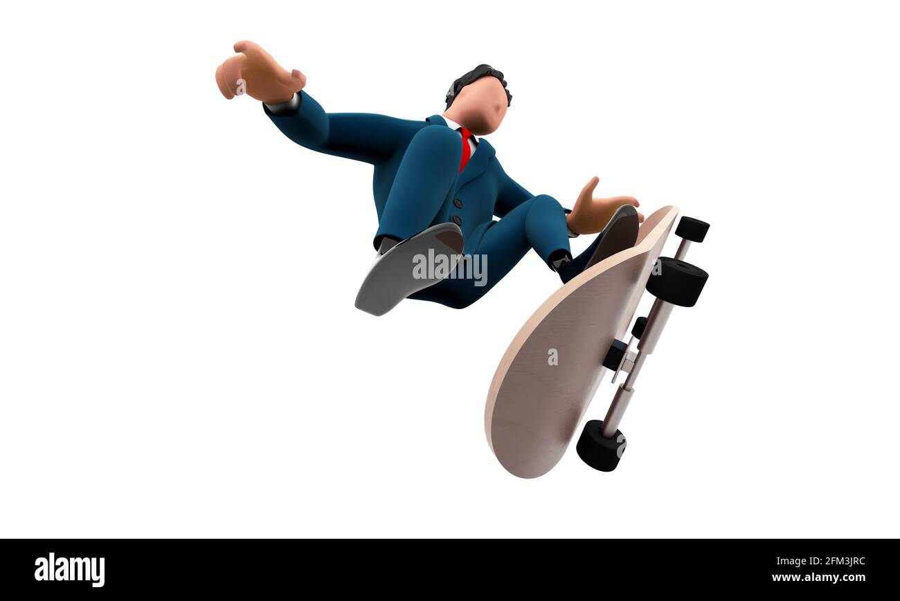 Personaggio cartoni animati in costume che gioca a skateboard sport estremi illustrazione 3D. Foto Stock