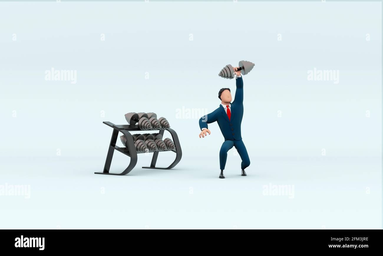 L'uomo in tuta dei cartoni animati ama il fitness e solleva il manubrio con un'illustrazione 3D con una sola mano Foto Stock