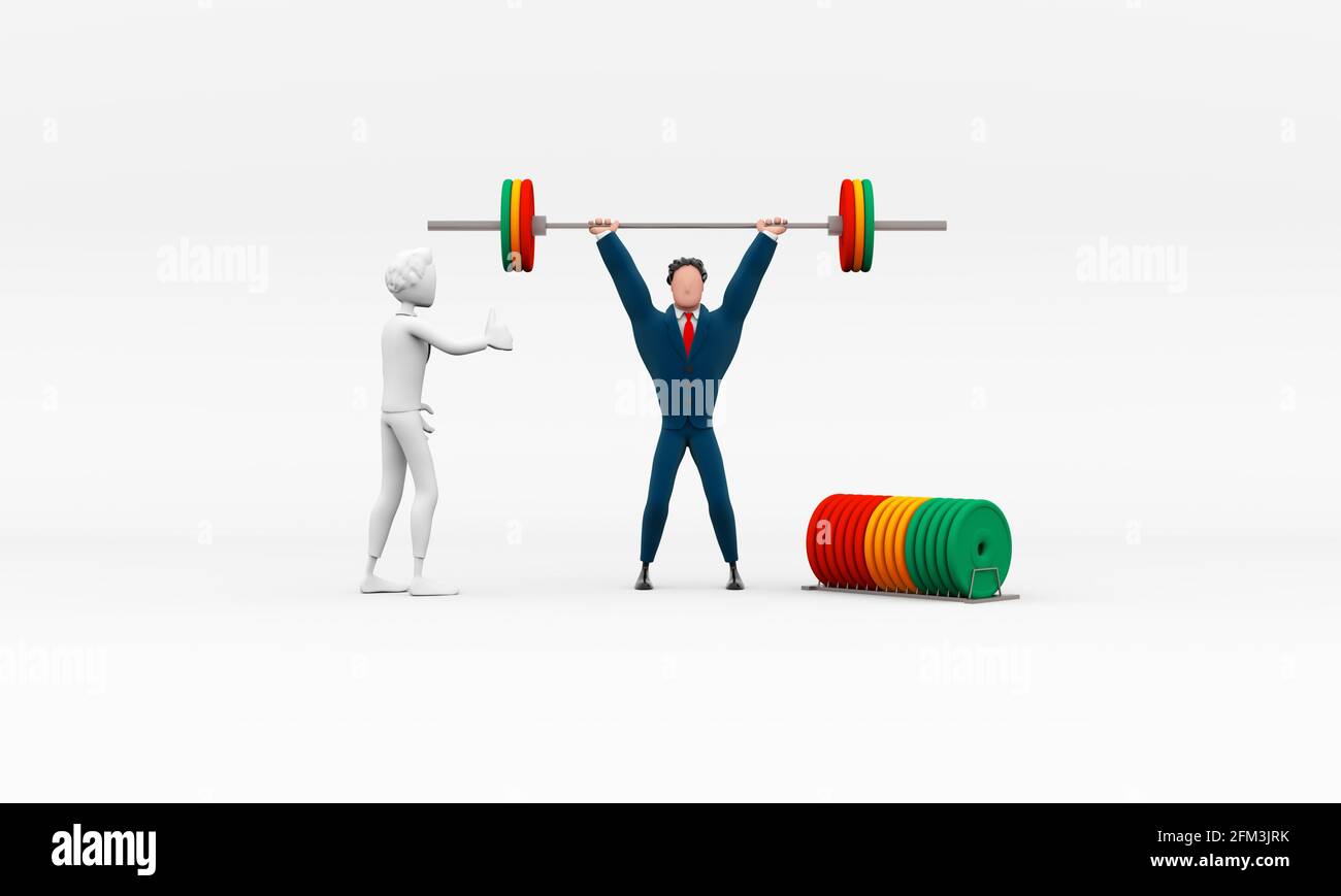 Cartoni animati uomo con pesi di sollevamento tuta illustrazione 3D. Foto Stock