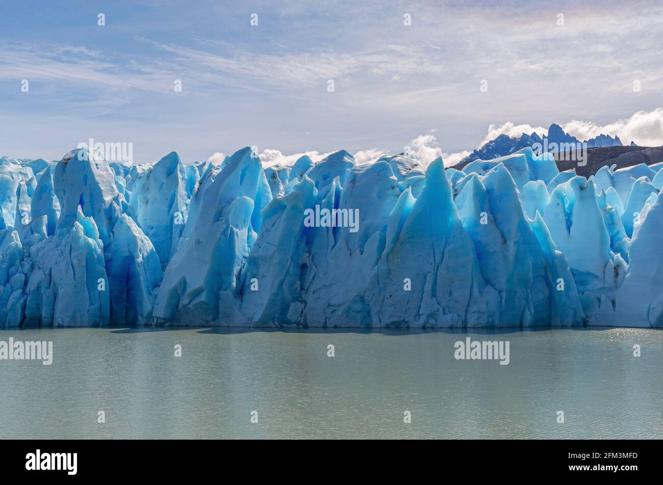 Ghiacciaio grigio in primavera vicino al lago Grey, al parco nazionale Torres del Paine, Patagonia, Cile. Foto Stock