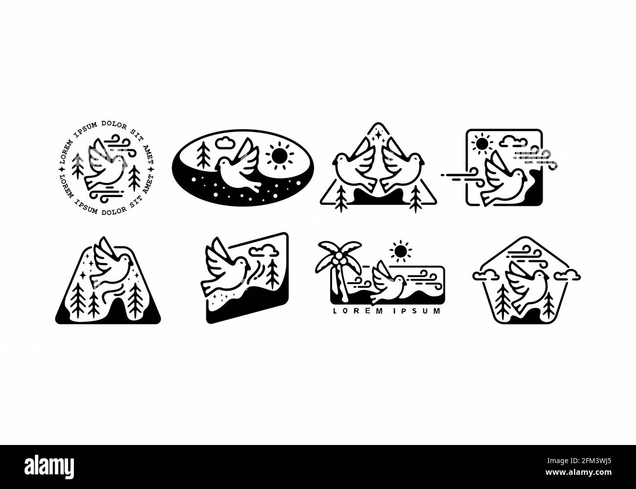 Black line art del design del set di badge per uccelli Illustrazione Vettoriale