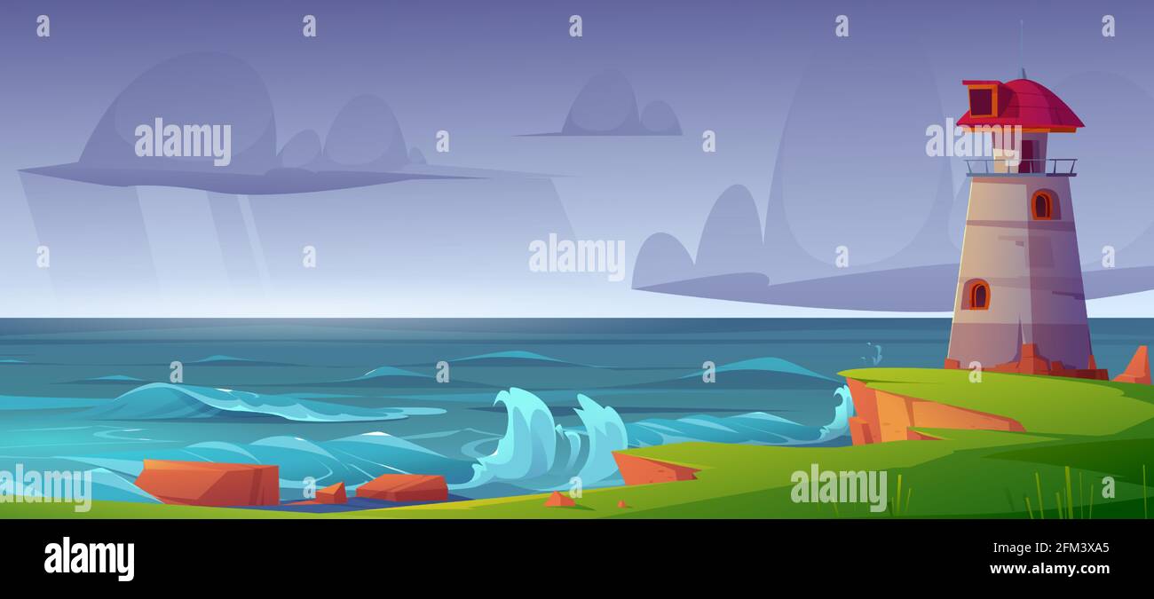 Faro sulla riva del mare a tempesta, faro edificio a paesaggio natura paesaggio oceano con acque spruzzi onde e costa rocciosa sotto il cielo opaco nuvoloso. Marinaio nautico, illustrazione vettoriale Cartoon Illustrazione Vettoriale