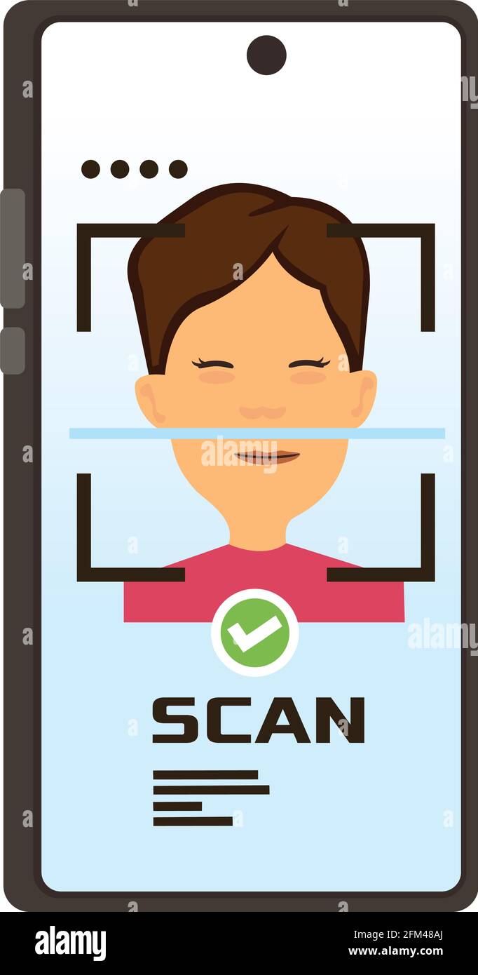 Moderna tecnologia mobile con riconoscimento facciale mediante un ID laser. Illustrazione vettoriale a fumetto piatto isolata su sfondo bianco Illustrazione Vettoriale