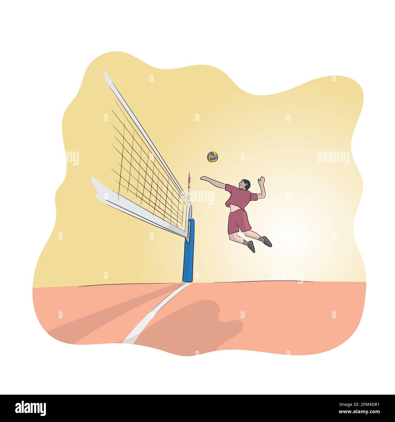 uomo sportivo che salta in alto per spike mentre si gioca a pallavolo vettore di illustrazione disegnato a mano di corte Illustrazione Vettoriale