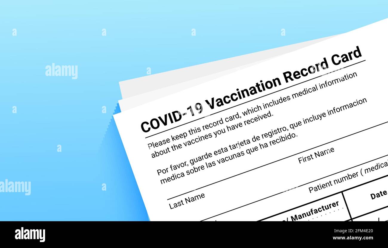 Scheda di registrazione della vaccinazione con coronavirus su sfondo blu con spazio di copia per viaggi e movimenti senza frontiere. Forma di vaccinazione durante il Illustrazione Vettoriale