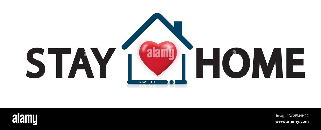 Rimani a casa testo sotto il tetto della casa con cuore. COVID 19 o il logo della campagna di protezione del coronavirus. Rimani a casa con l'auto-quarantena per fermare l'epidemia. Illustrazione Vettoriale