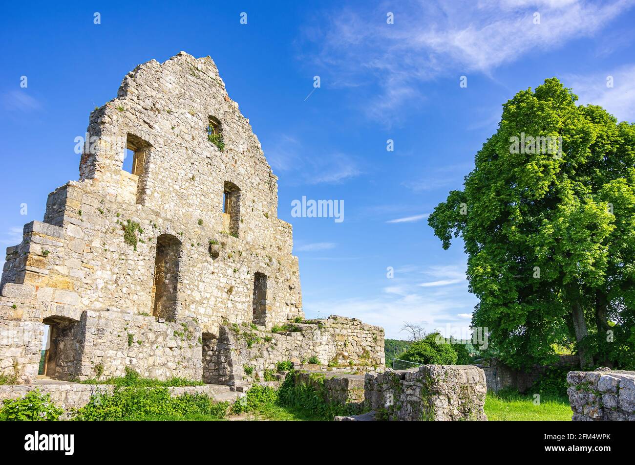 Lato di un edificio fatiscente, rovine del castello medievale di Hohenurach, Bad Urach, Alb sveva, Baden-Württemberg, Germania. Foto Stock