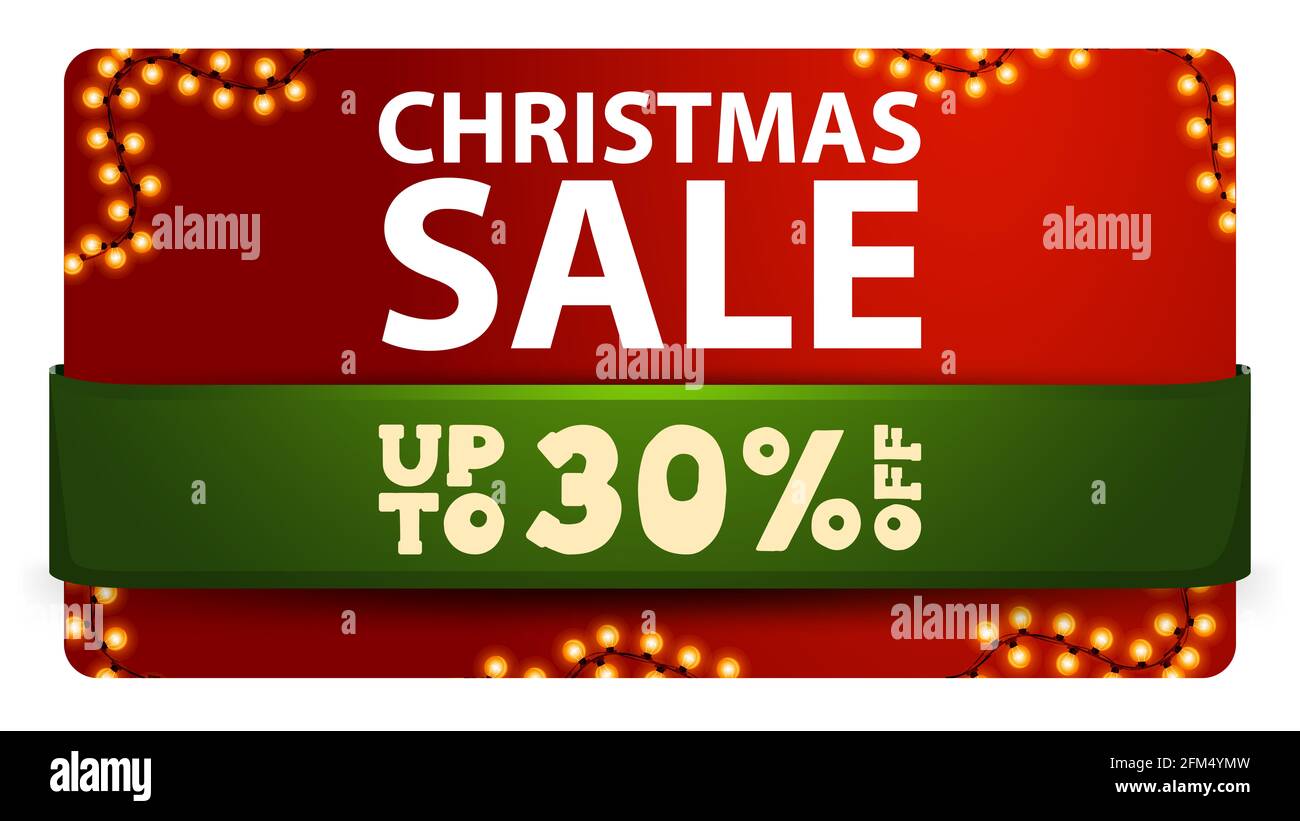 Offerta di Natale, fino a 30 di sconto, banner sconto rosso con nastro verde e ghirlanda Foto Stock