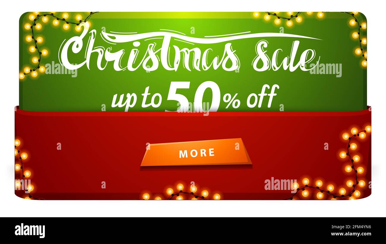 Offerta di Natale, fino a 50 di sconto, banner sconto rosso e verde con garland e bottone. Foto Stock