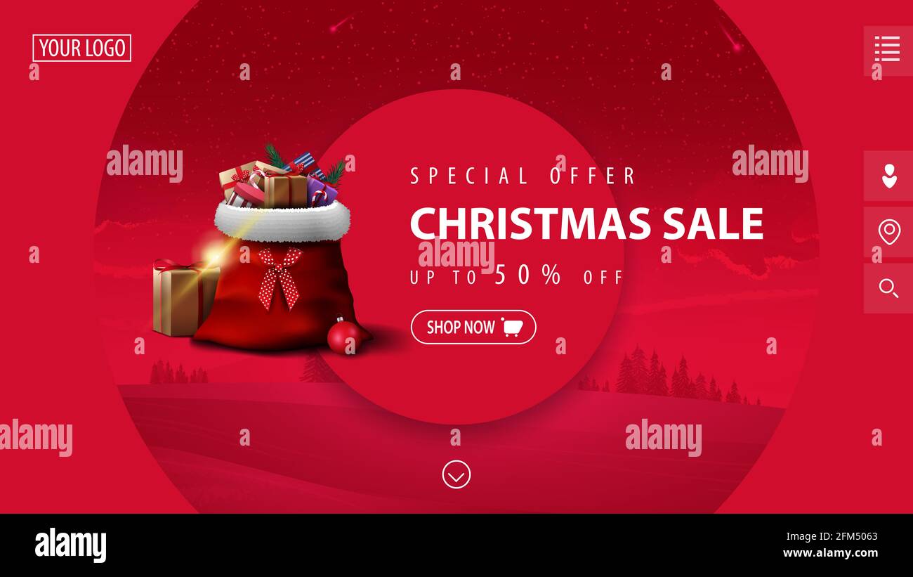 Offerta speciale, offerta di Natale, fino a 50 di sconto, bello rosa moderno banner sconto con grandi cerchi decorativi, paesaggio invernale su sfondo e San Foto Stock