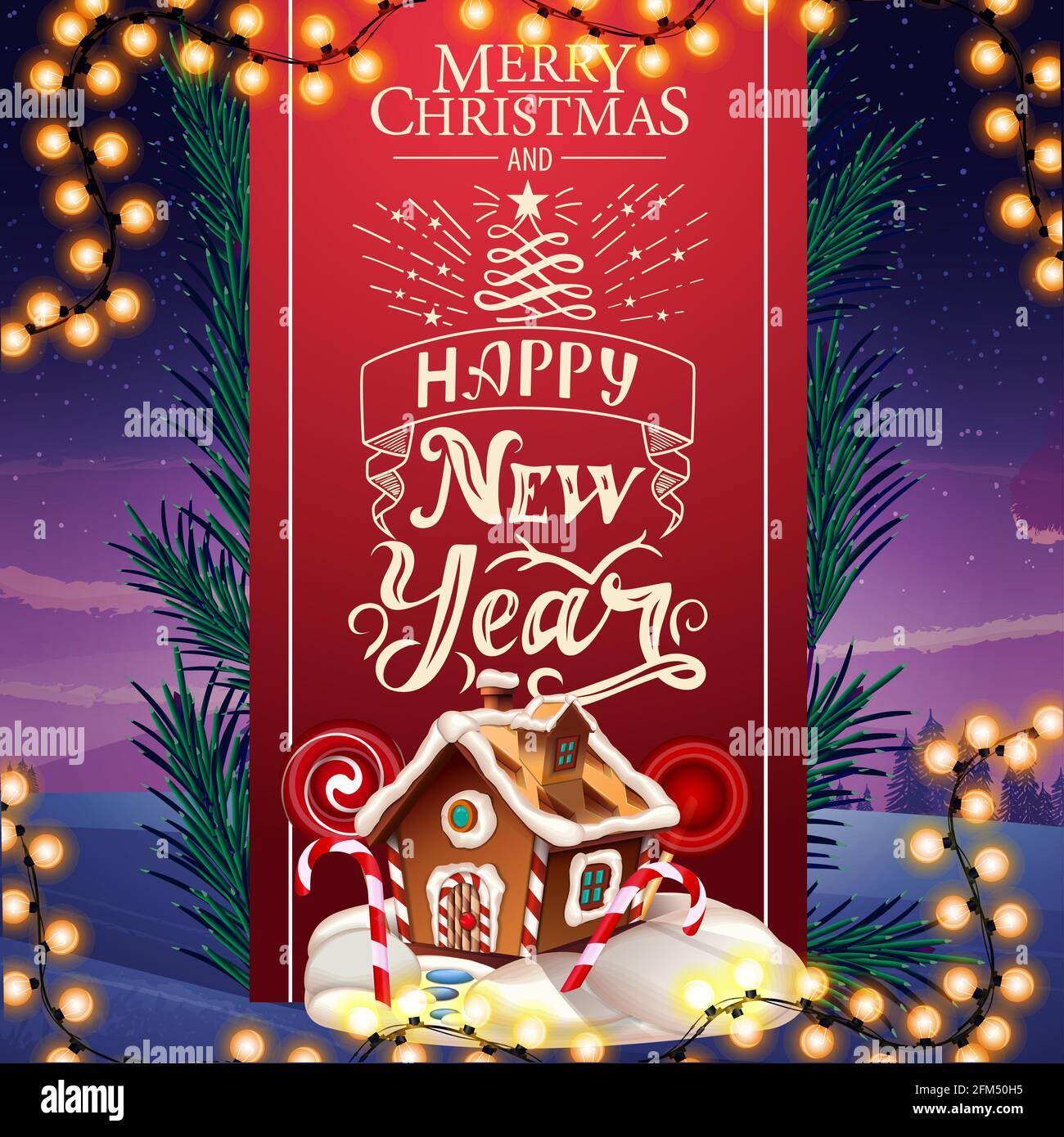 Buon Natale e Felice anno nuovo, biglietto d'auguri con bella scritta,  nastro verticale rosso decorato rami di albero di Natale e zenzero di Natale  Foto stock - Alamy