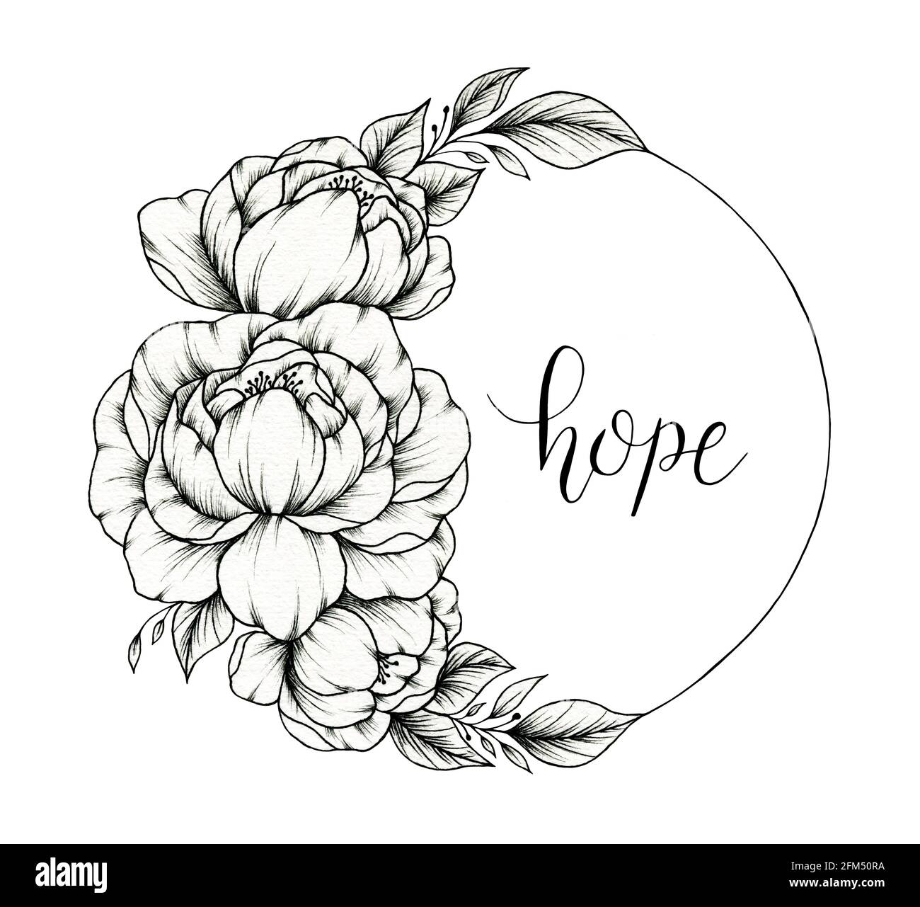 Bella corona di peonia disegnata a mano isolata su bianco, illustrazione floreale di linea con peonie, fioritura di peonie di linea fine e concetto di speranza, floreale nero Foto Stock