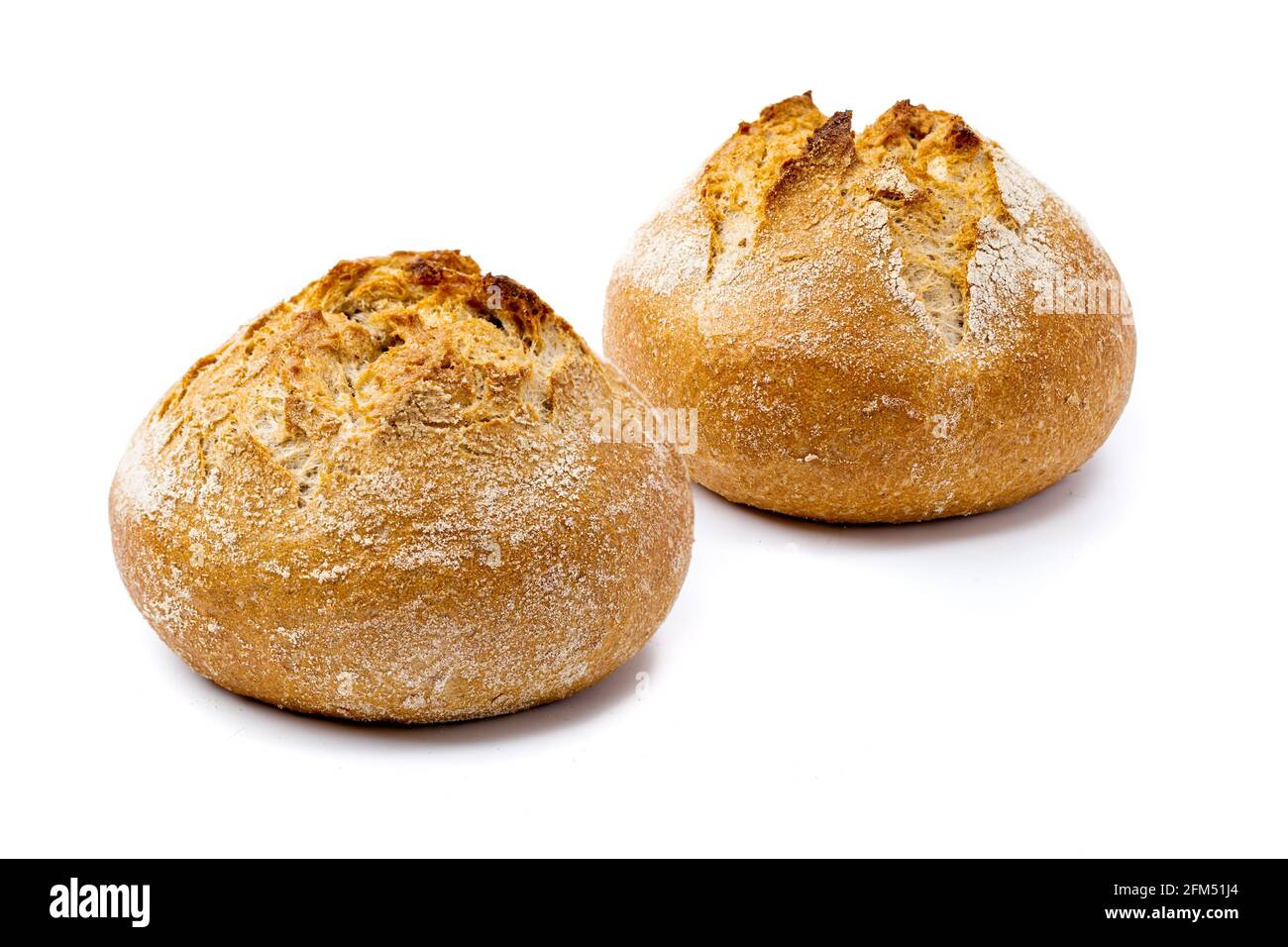 due rotoli di farina di segale a fondo bianco isolato vegano Foto Stock