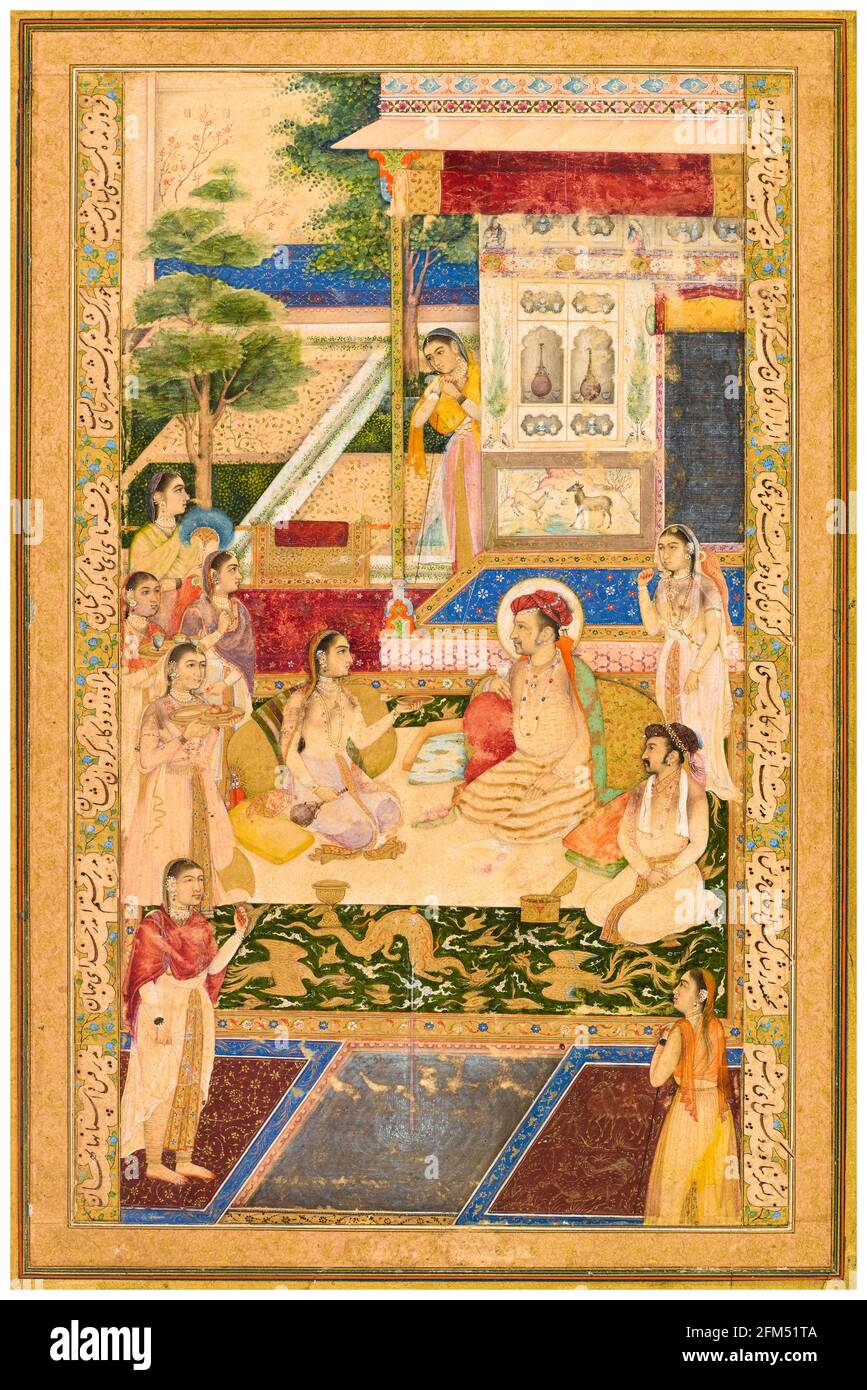 L'imperatore Jahangir (1569-1627), e il principe Khurram (Shah Jahan), (1592-1666), intrattenuto da Nur Jahan (1577-1645), ventesima moglie di Jahangir, dipinto da Mughal School, 1640-1650 Foto Stock