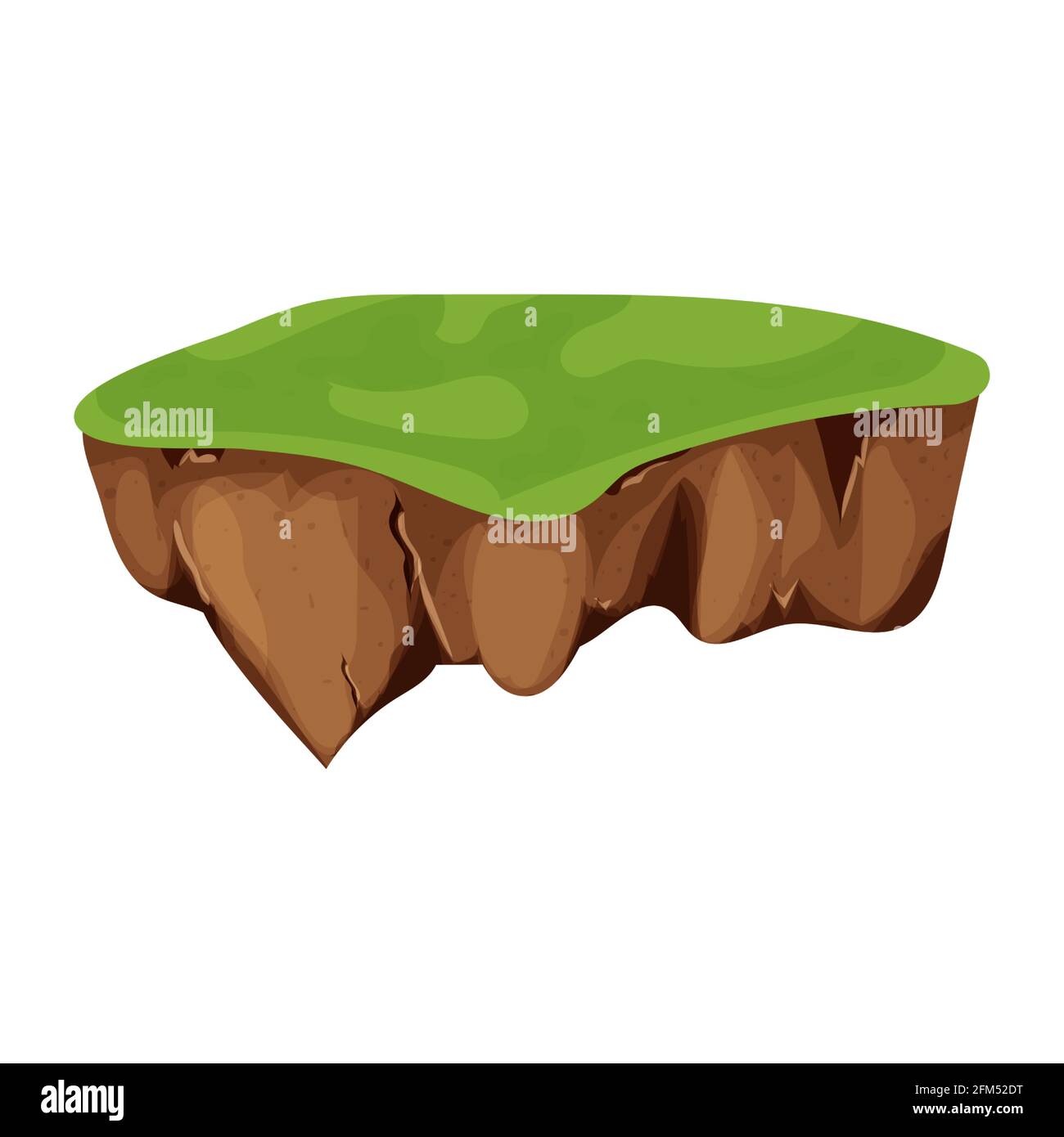 Flying Island con terreno e erba isolati su sfondo bianco, dettagliato in stile cartoon. Risorse di gioco dell'interfaccia utente, sfondo per la posizione, elemento. Fantasia Illustrazione Vettoriale