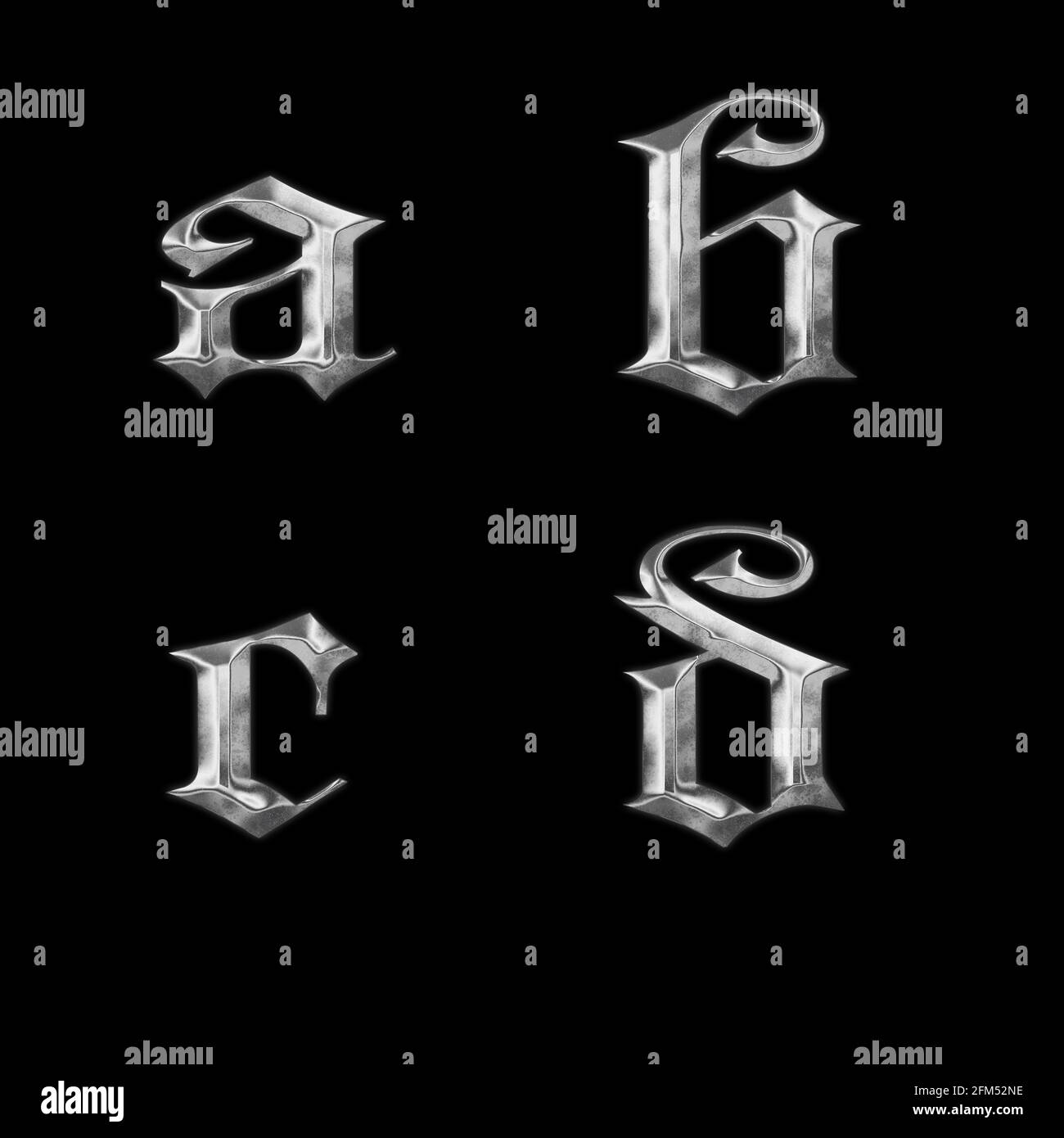 Rendering 3D di lettere minuscoli in metallo gotico a-d. Foto Stock