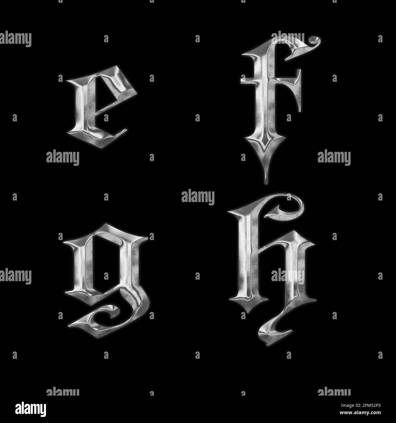 Rendering 3D di lettere minuscoli in metallo gotico e-h Foto Stock