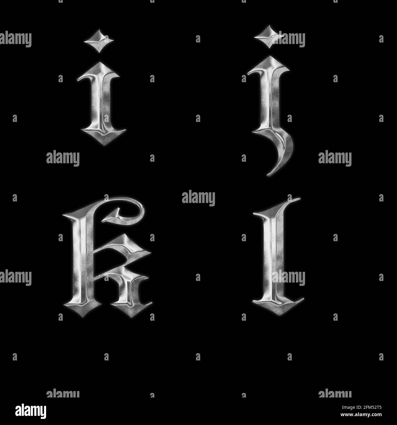 Rendering 3D di lettere minuscoli in metallo gotico i-j Foto stock - Alamy