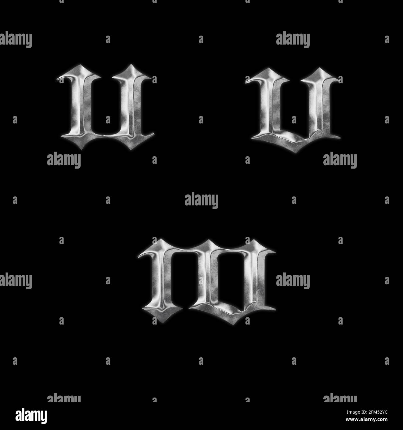 Rendering 3D di lettere minuscoli in metallo gotico u-w Foto Stock