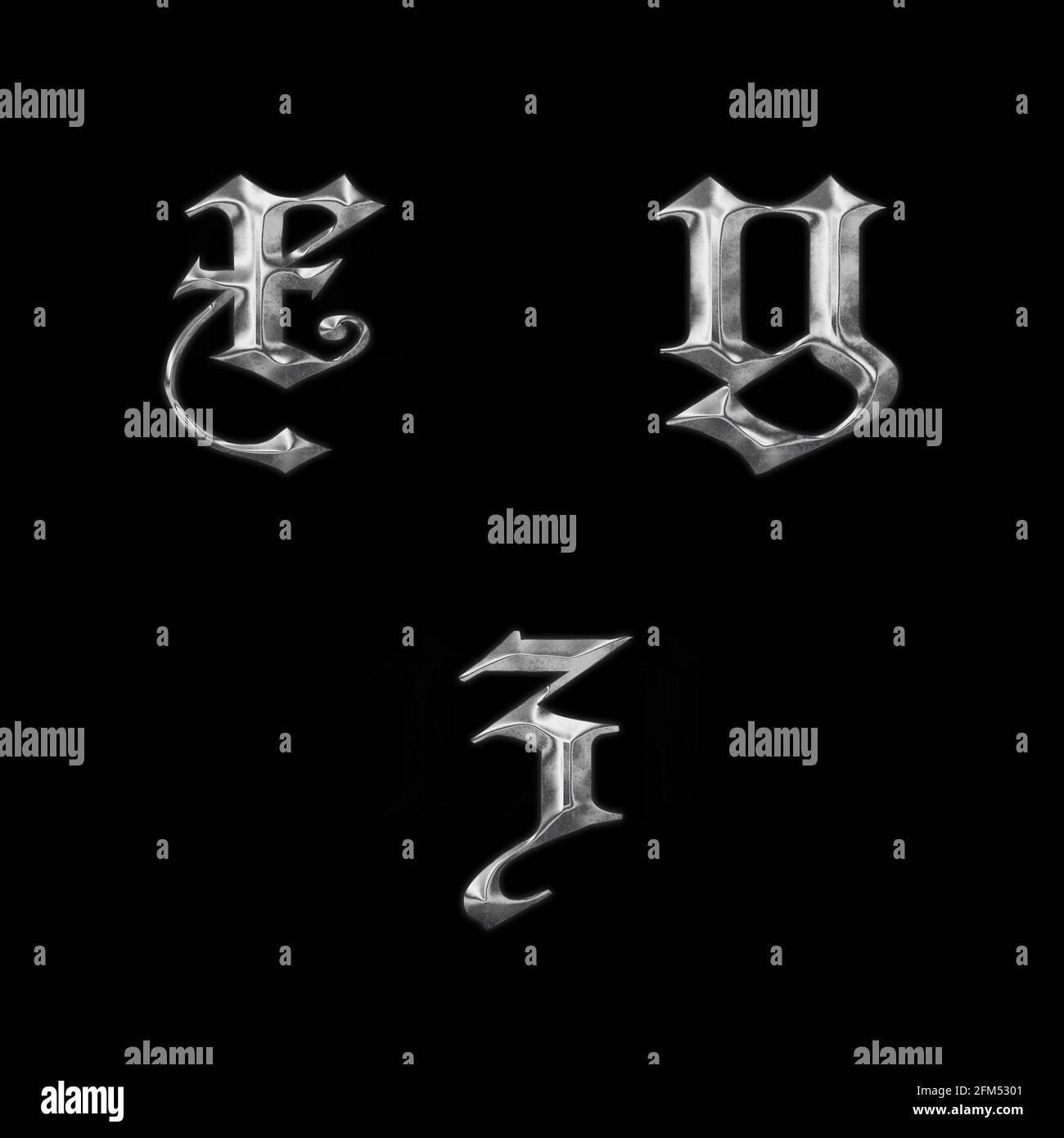 Rendering 3D di lettere minuscoli in metallo gotico x-z Foto Stock