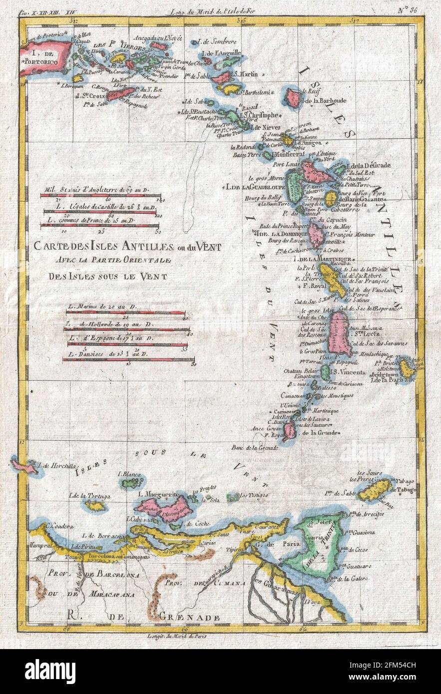 Carta d'epoca in rame incisa delle Isole Antille dal 18 ° secolo. Tutte le mappe sono splendidamente colorate e illustrate mostrando il mondo in quel momento. Foto Stock